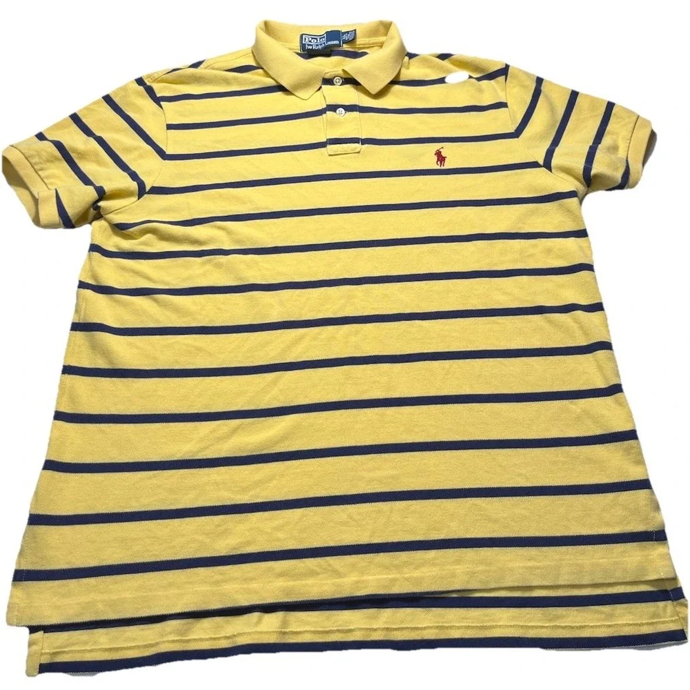 Polo‎ Ralph Lauren Mens XL Yellow Navy Striped Polo Shirt Pony Logo Preppy Golf